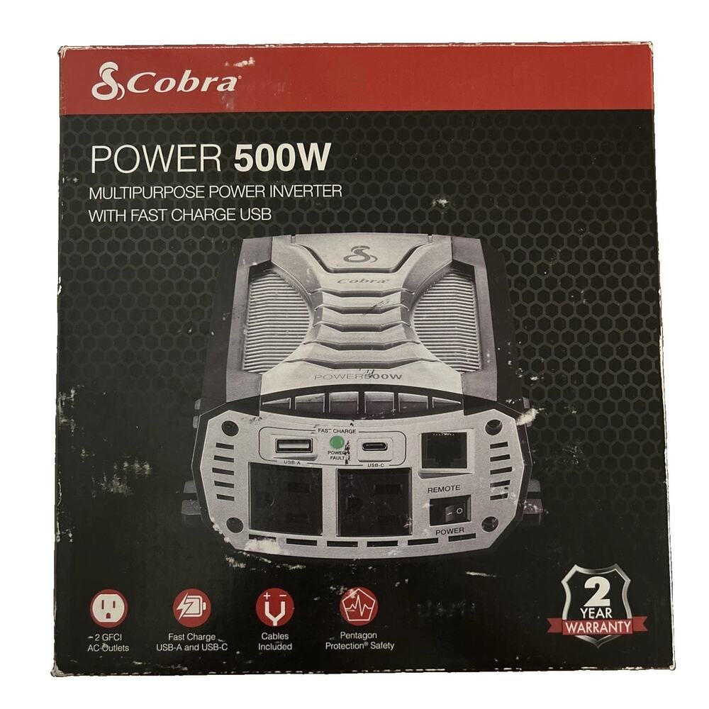 Cobra Power 500W Power Inverter Portable 500 Watt Car Charger 2 Grounded Ac EUC